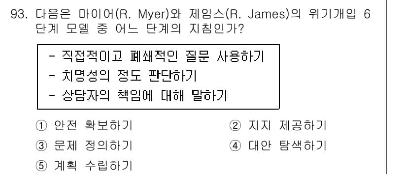 청소년상담사_1급(2교시)(구) 2016년 93번 - 마이어와 제임스의 위기개입 모델에서 1단계인 '안전 확보하기'는 위기 상... 에 관한 핵심 기출문제