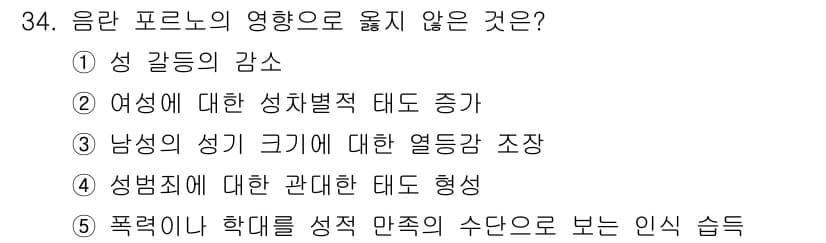 청소년상담사_1급(2교시)(구) 2017년 34번 - . 성 갈등의 감소

음란 프로노의 영향을 받을 경우 성 갈등이 증가하는... 에 관한 핵심 기출문제