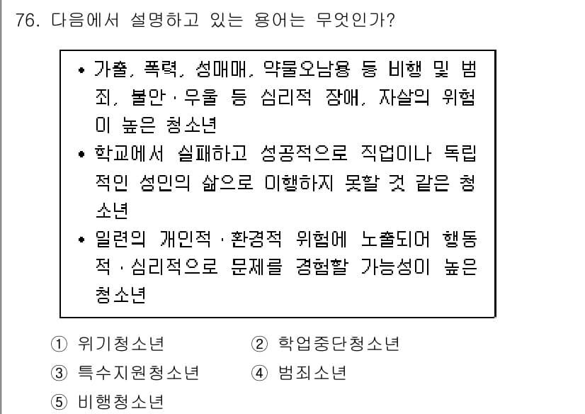 청소년상담사_1급(2교시)(구) 2017년 76번 - 해설: 청소년이 경험하는 폭력, 성매매, 약물남용 등의 문제는 심각한 심... 에 관한 핵심 기출문제