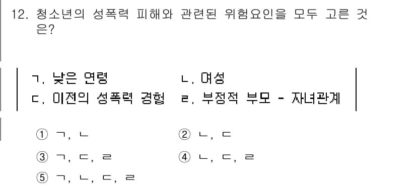청소년상담사_1급(2교시) 2017년 12번 - 청소년의 성폭력 피해와 관련된 위험 요인은 낮은 연령, 이전의 성폭력 경... 에 관한 핵심 기출문제