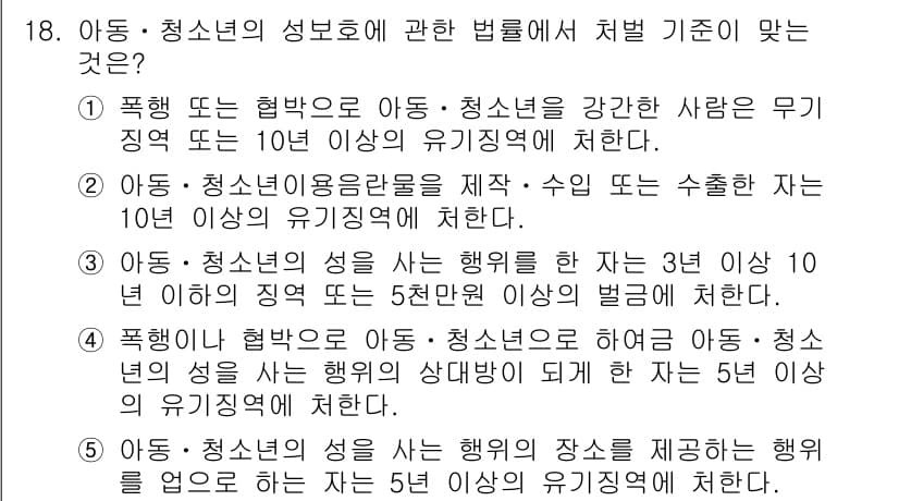 청소년상담사_1급(2교시)(구) 2018년 18번 - 정답 4번은 아동ㆍ청소년의 성을 해치는 행위에 대한 처벌 기준을 설명합니... 에 관한 핵심 기출문제