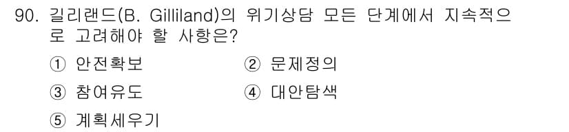 청소년상담사_1급(2교시)(구) 2018년 90번 - 정답은 1번 안전보호입니다. 길리랜드의 위기 상담에서 안전보호는 가장 기... 에 관한 핵심 기출문제