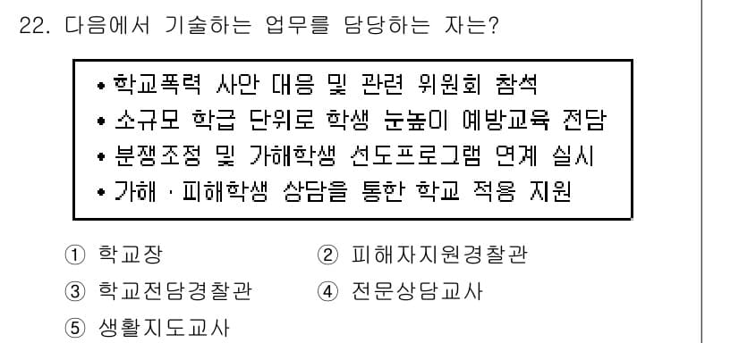 청소년상담사_1급(2교시)(구) 2019년 22번 - 정답 3번은 피해학생 상담을 통한 학교 적응 지원의 역할을 강조합니다. ... 에 관한 핵심 기출문제