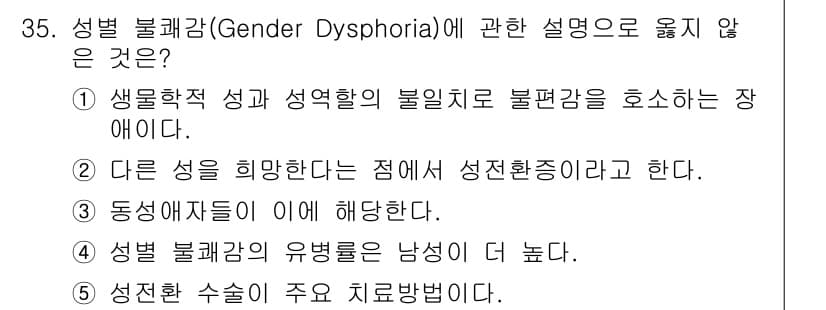 청소년상담사_1급(2교시)(구) 2019년 35번 - 3번은 성전환의 개념과 관련이 없는 설명으로, 성별 불쾌감은 주로 자신이... 에 관한 핵심 기출문제