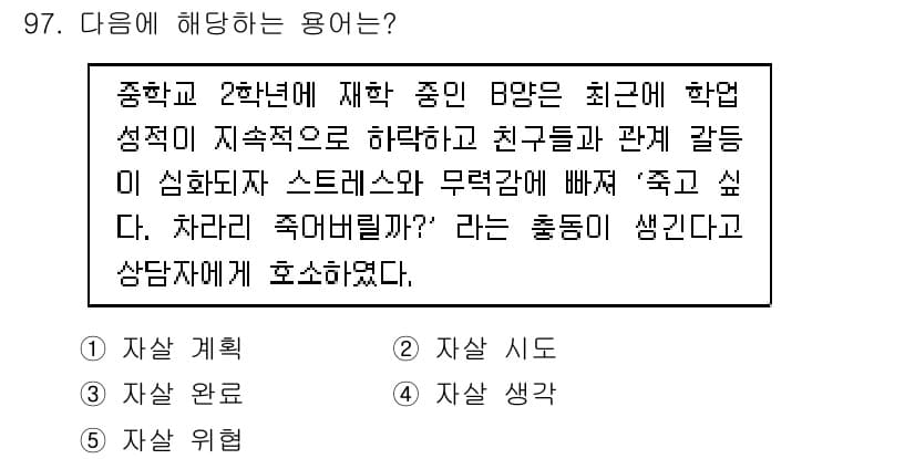 청소년상담사_1급(2교시)(구) 2019년 97번 - 정답 4번 '자살 생각'이 최선의 선택이다. B의 경우, 친구와의 관계 ... 에 관한 핵심 기출문제