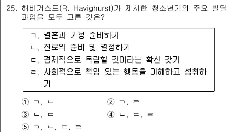 청소년상담사_2급(1교시) 2015년 25번 - 해비거스트는 청소년기의 주요 발달 과업으로 개인의 사회적, 정서적, 그리... 에 관한 핵심 기출문제