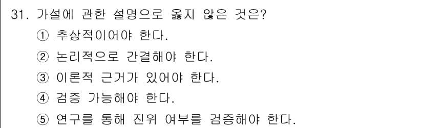 청소년상담사_2급(1교시) 2015년 31번 - 가설에 대한 설명 중에서 '추상적이어야 한다'는 것은 가설의 중요한 특성... 에 관한 핵심 기출문제