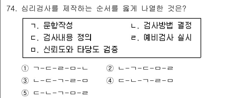 청소년상담사_2급(1교시) 2015년 74번 - 심리검사를 제작하는 순서는 일반적으로 연구 및 검토, 검사 내용 결정, ... 에 관한 핵심 기출문제