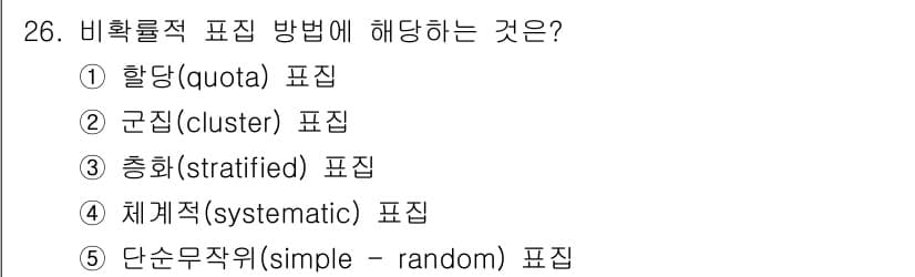 청소년상담사_2급(1교시)(구) 2017년 26번 - 비율론적 표집 방법은 모집단의 각 집단을 대표하도록 표본을 추출하는 방식... 에 관한 핵심 기출문제