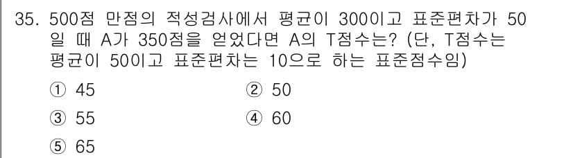 청소년상담사_2급(1교시) 2017년 35번 - 주어진 문제에서 T점수는 다음 공식을 사용하여 계산합니다: 

\[ T ... 에 관한 핵심 기출문제