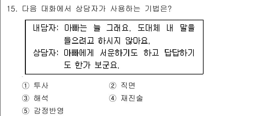 청소년상담사_2급(1교시)(구) 2018년 15번 - 상담자가 '아빠는 늘 그러대, 도대체 내 말을 듣으려고 하시지 않아'라고... 에 관한 핵심 기출문제