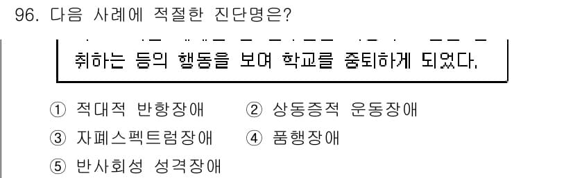 청소년상담사_2급(1교시) 2018년 96번 - 정답은 4번 '풍화장애'입니다. 이 사례는 청소년이 학업에 대한 흥미를 ... 에 관한 핵심 기출문제