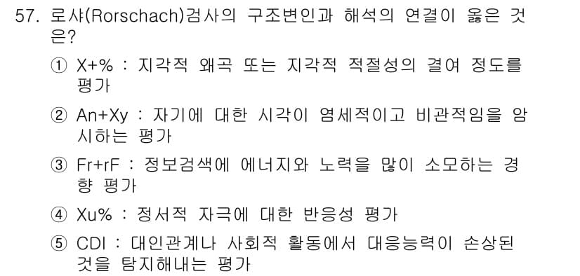 청소년상담사_2급(1교시)(구) 2019년 57번 - 정답은 5번 CDI입니다. CDI는 대인관계 및 사회 활동에서의 대응 행... 에 관한 핵심 기출문제