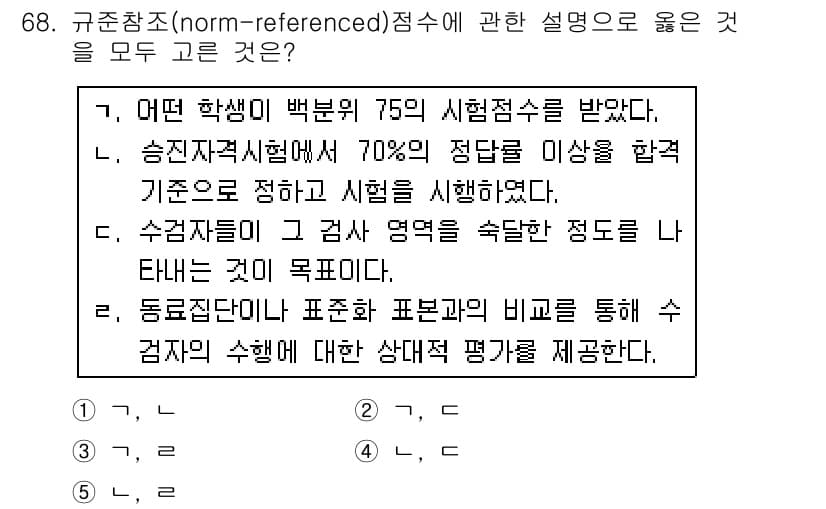 청소년상담사_2급(1교시)(구) 2019년 68번 - 규준참조 점수는 학생이 특정 집단 내에서 상대적으로 자신의 성취를 평가하... 에 관한 핵심 기출문제