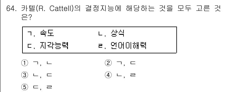 청소년상담사_2급(1교시) 2019년 64번 - 카텔(R. Cattell)의 결정지능은 일반적으로 유동적 지능(유연한 사... 에 관한 핵심 기출문제