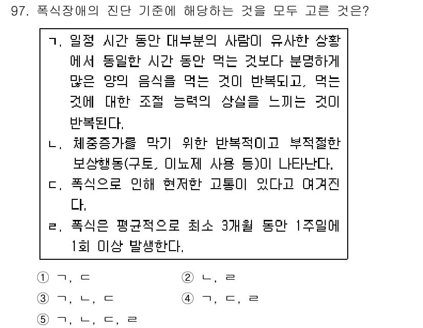 청소년상담사_2급(1교시) 2019년 97번 - 정답 4번은 '폭식 장애는 최소 3개월 동안 1주일에 1회 이상 발생한다... 에 관한 핵심 기출문제