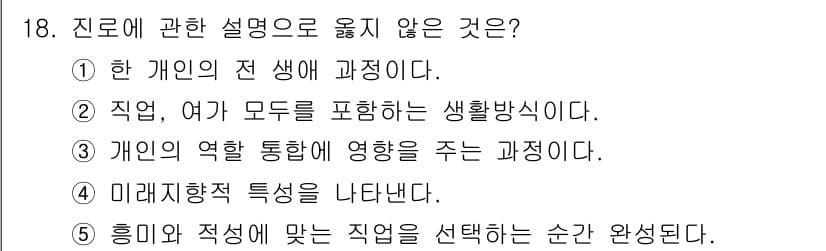 청소년상담사_2급(2교시)(구) 2015년 18번 - 정답 5번은 '흥미와 적성에 맞는 직업을 선택하는 순간 완성된다'는 주장... 에 관한 핵심 기출문제