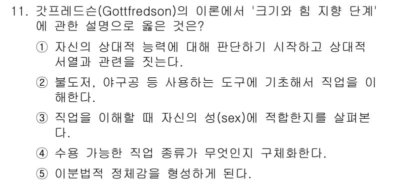 청소년상담사_2급(2교시) 2015년 11번 - 갓프레드슨(Gottfredson)의 이론은 개인의 직업 선택이 성별 및 ... 에 관한 핵심 기출문제