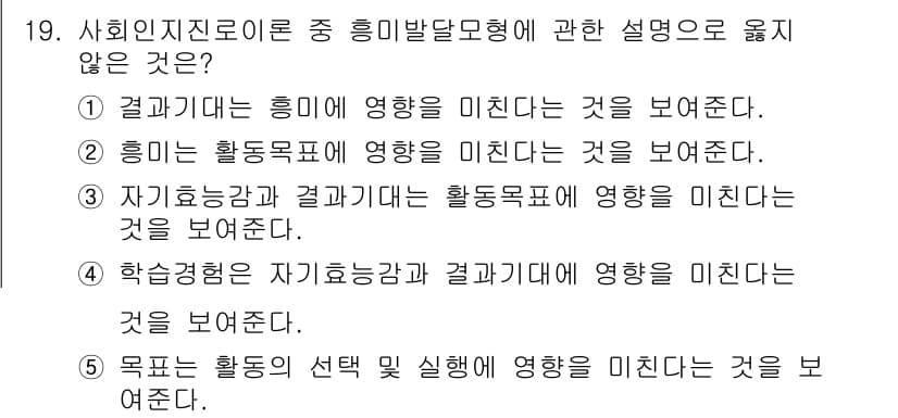 청소년상담사_2급(2교시)(구) 2016년 19번 - 4. 학습경험은 자기효능감과 결과목표에 영향을 미친다는 설명은 옳지 않다... 에 관한 핵심 기출문제