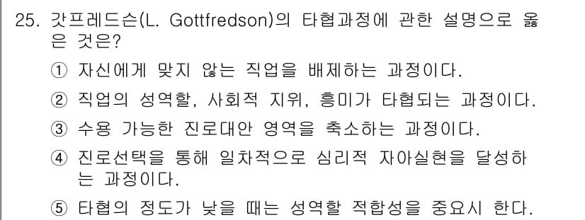 청소년상담사_2급(2교시)(구) 2016년 25번 - 갓프레드슨은 개인의 직업 선택이 사회적 성격과 흥미에 따라 어떻게 형성되... 에 관한 핵심 기출문제