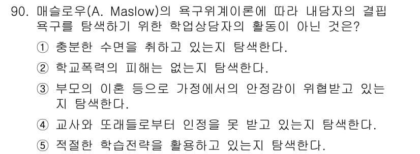 청소년상담사_2급(2교시)(구) 2016년 90번 - 매슬로우의 욕구 이론에 따르면 내담자의 결핍 욕구가 충족되지 않을 경우,... 에 관한 핵심 기출문제