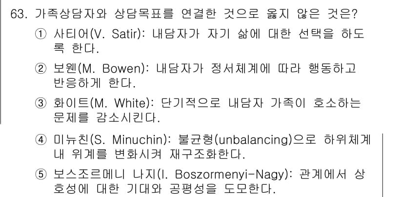청소년상담사_2급(2교시) 2016년 63번 - . 본웬(M. Bowen): 내담자가 정서적 의존성에 따라 행동하도록 돕... 에 관한 핵심 기출문제