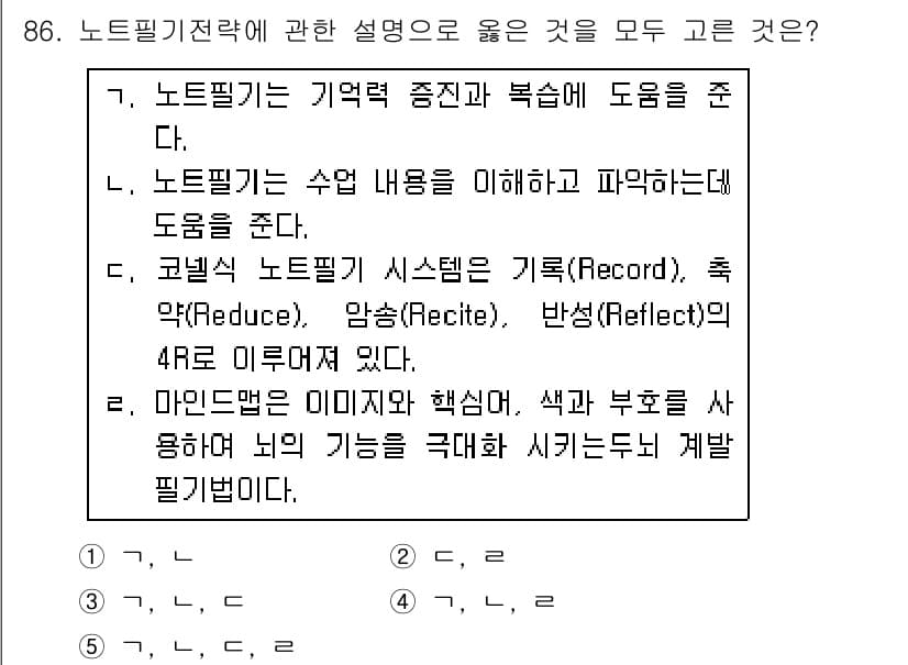 청소년상담사_2급(2교시) 2016년 86번 - 정답 4번이 올바른 이유는, 마인드맵이 이미지와 핵심어를 사용하여 정보를... 에 관한 핵심 기출문제