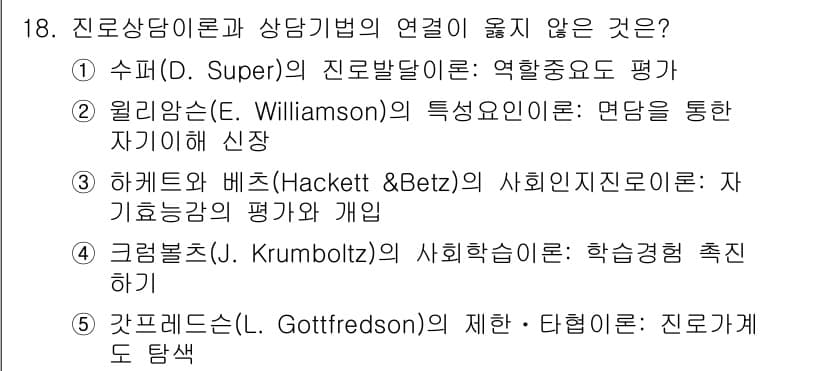 청소년상담사_2급(2교시)(구) 2017년 18번 - 5. 갓트프레스(G. Gottfredson)의 제한-타협이론은 진로 발전... 에 관한 핵심 기출문제