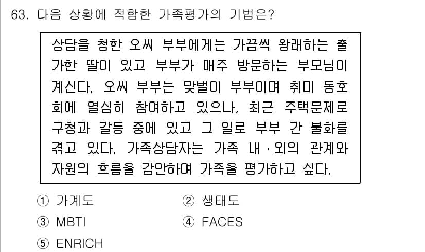 청소년상담사_2급(2교시)(구) 2017년 63번 - . 

가족평가는 가족의 상호작용과 관계를 이해하기 위해 필수적이며, 객... 에 관한 핵심 기출문제