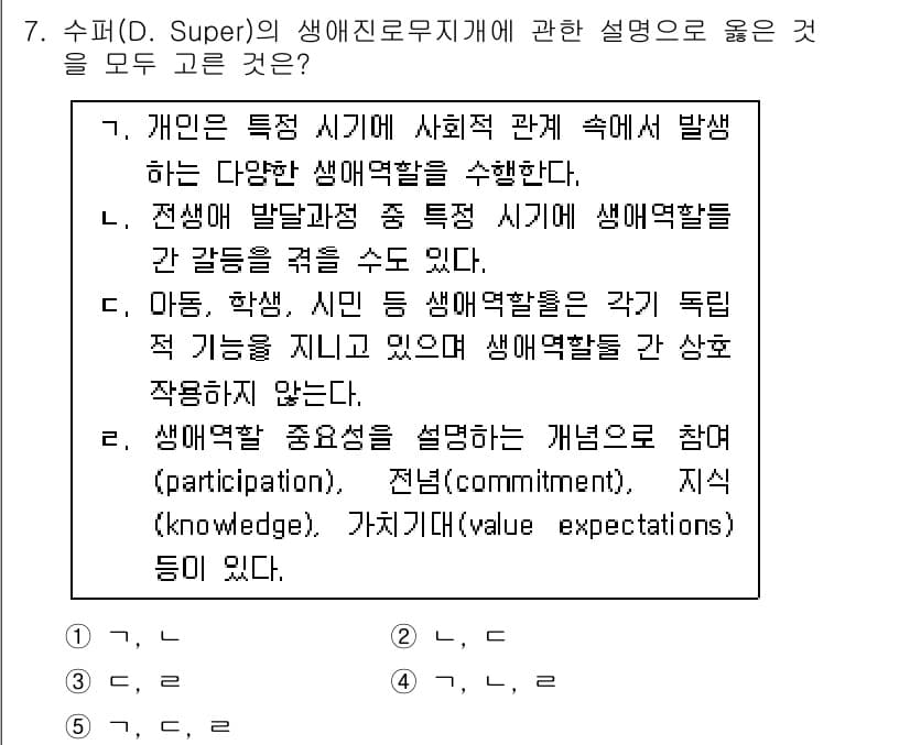 청소년상담사_2급(2교시)(구) 2017년 7번 - 수퍼(D. Super)의 생애진로이론에서 개인의 특성은 사회적 맥락에서 ... 에 관한 핵심 기출문제