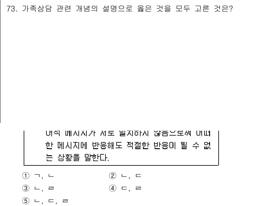 청소년상담사_2급(2교시)(구) 2017년 73번 - 가족상담에서 내적 메시지가 제대로 전달되지 않아 적절한 반응이 이루어지지... 에 관한 핵심 기출문제