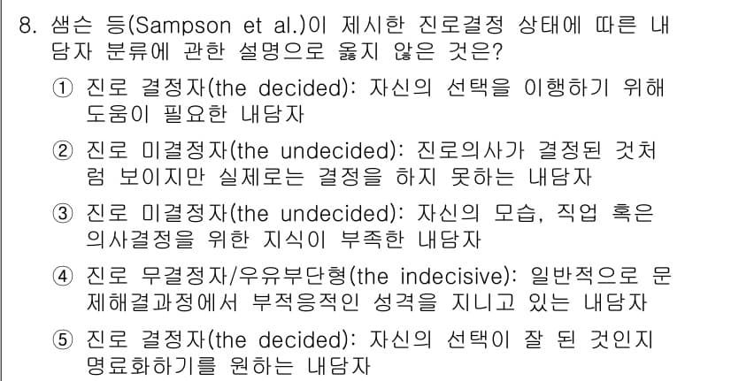 청소년상담사_2급(2교시)(구) 2017년 8번 - 진로 무계획자/유연부족형(undecisive)은 일반적으로 진로 결정 과... 에 관한 핵심 기출문제