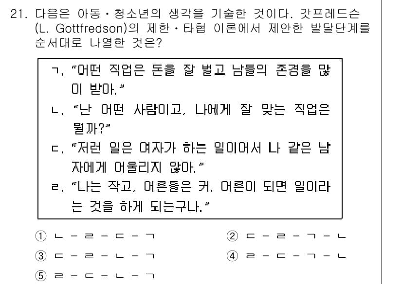 청소년상담사_2급(2교시) 2017년 21번 - 정답 4는 인간의 직업 선택이 다소 성격적이고 인지적 요소에 의해 결정된... 에 관한 핵심 기출문제