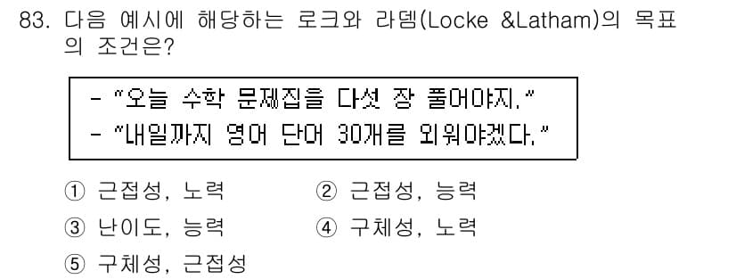 청소년상담사_2급(2교시) 2017년 83번 - 정답은 5번 '구체성, 근접성'입니다. 로크와 라담의 목표 설정 이론에 ... 에 관한 핵심 기출문제