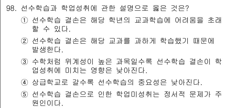 청소년상담사_2급(2교시) 2018년 98번 - 선수학습 결선은 학습자가 이전에 학습한 내용을 바탕으로 새로운 지식을 습... 에 관한 핵심 기출문제