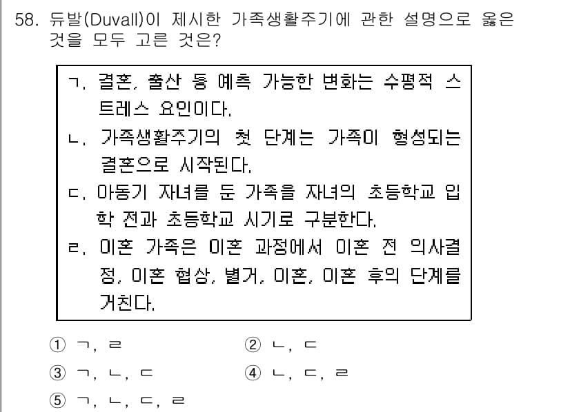 청소년상담사_2급(2교시)(구) 2019년 58번 - 정답 2는 가족생활주기의 첫 단계가 결혼으로 시작된다는 점을 강조하고 있... 에 관한 핵심 기출문제