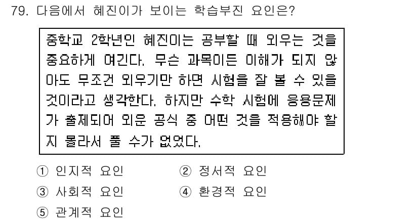 청소년상담사_2급(2교시)(구) 2019년 79번 - 혜진이는 학습할 때 외운 내용을 중요하게 여기는 경향이 있어, 이는 주어... 에 관한 핵심 기출문제