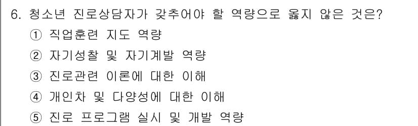 청소년상담사_2급(2교시) 2019년 6번 - 청소년 상담자가 갖춰야 할 역할 중에서 "진로 관련 이론에 대한 이해"는... 에 관한 핵심 기출문제