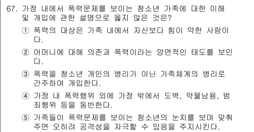 청소년상담사_2급(2교시) 2019년 67번 - 청소년 폭력은 해당 가족 내에서 발생하는 문제가 아닌, 가족 외부의 영향... 에 관한 핵심 기출문제