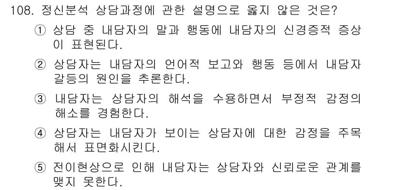 청소년상담사_3급(1교시) 2015년 108번 - 정신분석 상담과정에서 내담자의 의사소통 방식과 행동은 그들의 심리적 상태... 에 관한 핵심 기출문제