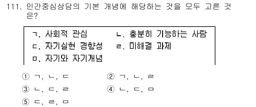 청소년상담사_3급(1교시) 2015년 111번 - 정답 4번(자기와 자기개념)은 인간 중심 상담의 기본 개념과 관련이 깊습... 에 관한 핵심 기출문제