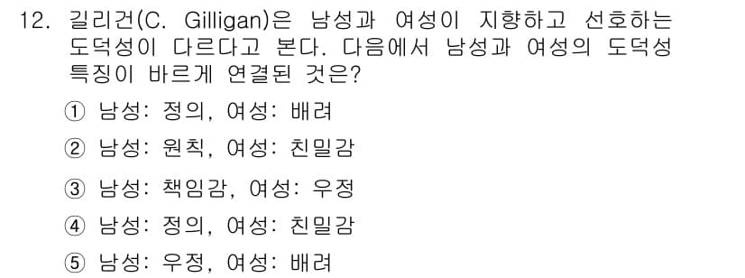 청소년상담사_3급(1교시) 2015년 12번 - 질리건(C. Gilligan)은 남성과 여성의 도덕 발달의 차이를 강조하... 에 관한 핵심 기출문제