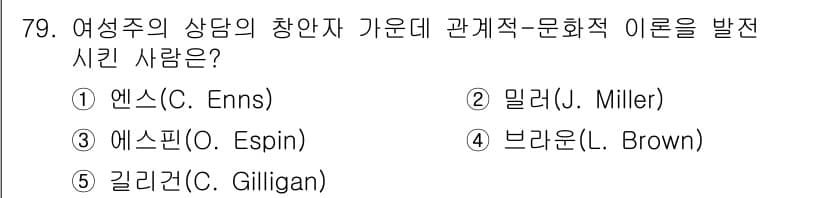 청소년상담사_3급(1교시) 2016년 79번 - 정답은 2번 밀러(J. Miller)입니다. 밀러는 관계적 문화의 관점에... 에 관한 핵심 기출문제