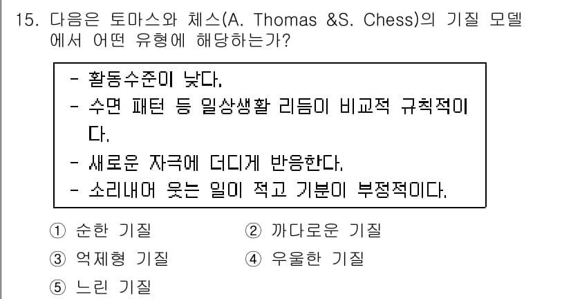 청소년상담사_3급(1교시) 2017년 15번 - 토마스와 체스의 기질 모델에서 '유아형 기질'은 자극에 대한 반응이 강하... 에 관한 핵심 기출문제