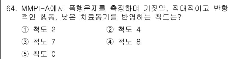 청소년상담사_3급(1교시) 2017년 64번 - 정답은 2번, 척도 4입니다. MMPI-A의 척도 4는 반항적인 행동, ... 에 관한 핵심 기출문제