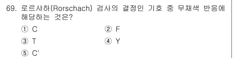 청소년상담사_3급(1교시) 2017년 69번 - 정답은 5번 C'입니다. Rorschach 검사에서 C'는 색상 반응을 ... 에 관한 핵심 기출문제