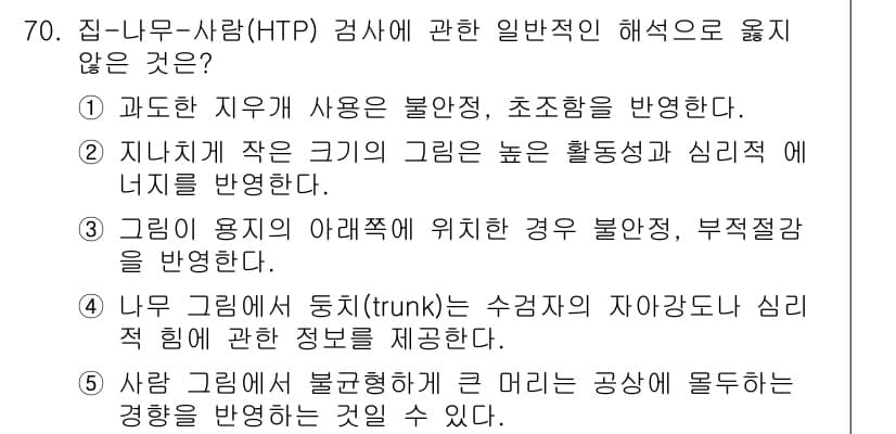 청소년상담사_3급(1교시) 2017년 70번 - 문제에서 제시된 보기 중 "4. 나무 그림에 둥지(trunk)는 수각적인... 에 관한 핵심 기출문제