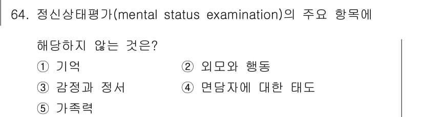 청소년상담사_3급(1교시)(구) 2018년 64번 - 정신상태평가의 주요 항목에는 기억, 외모와 행동, 감정과 정서 등이 포함... 에 관한 핵심 기출문제
