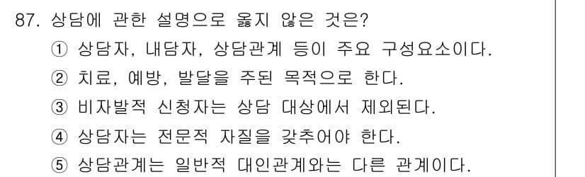 청소년상담사_3급(1교시)(구) 2019년 87번 - 상담관계는 일반적인 대인관계와 달리 전문가와 내담자 간의 비밀 보장과 신... 에 관한 핵심 기출문제