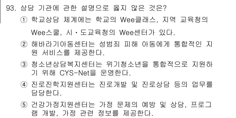 청소년상담사_3급(1교시)(구) 2019년 93번 - Wee클래스는 주로 초등학생을 위한 상담 프로그램으로, 중학생 이상에게는... 에 관한 핵심 기출문제